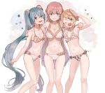 3girls :d ;d absurdly_long_hair alternate_costume aqua_nails arm_around_shoulder arm_at_side arm_behind_back armpit_peek armpits ass_visible_through_thighs bangs bare_legs bikini blonde_hair blue_eyes blue_hair blue_nails blunt_bangs breasts cleavage closed_mouth collarbone commentary contrapposto curly_hair dot_nose eyebrows_visible_through_hair feet_out_of_frame floral_print flower frilled_bikini frills gradient gradient_background hair_bun hair_flower hair_ornament hairclip half-closed_eyes hand_up happy hatsune_miku highres hip_bones jam_(zamuchi) kagamine_rin knees_together_feet_apart large_breasts legs_apart light_blush light_smile lineup long_hair looking_at_viewer medium_breasts megurine_luka multiple_girls navel one_eye_closed open_mouth pink_hair ribs salute sharp_teeth shiny shiny_hair shiny_skin simple_background skinny small_breasts smile standing stomach straight_hair swimsuit tareme teeth thigh_gap twintails very_long_hair vocaloid white_background white_bikini yellow_flower 