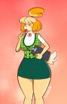  :3 allannocte animal_crossing anthro big_breasts blush breasts brown_eyes canid canine canis clipboard clothed clothing domestic_dog female fur hair isabelle_(animal_crossing) mammal nintendo pen shih_tzu simple_background smile solo standing thick_thighs toy_dog video_games wide_hips yellow_body yellow_fur 