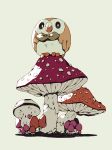  bird bluekomadori brown_eyes closed_mouth commentary creature english_commentary foongus gen_5_pokemon gen_7_pokemon grey_background looking_at_viewer mushroom no_humans owl pokemon pokemon_(creature) rowlet starter_pokemon 