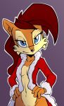  2017 anthro archie_comics blue_eyes bottomless breasts brown_body brown_hair chipmunk christmas christmas_clothing clothed clothing female ground_squirrel hair half-length_portrait hands_on_hips holidays jacket looking_at_viewer mammal open_clothing open_jacket open_topwear portrait purple_background qrog rodent sally_acorn sciurid simple_background solo sonic_the_hedgehog_(archie) sonic_the_hedgehog_(comics) sonic_the_hedgehog_(series) topwear 