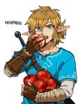  2019 5_fingers apple blonde_hair blue_eyes breath_of_the_wild clothing ear_piercing ear_ring eating fingerless_gloves fingers food fruit gloves hair handwear humanoid humanoid_pointy_ears hylian japanese_text link male nintendo not_furry open_mouth piercing plant simple_background solo teeth text the_legend_of_zelda tongue uwasa video_games 