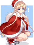 ! 1girl bangs bell blonde_hair blue_eyes blush boots braid breasts cape christmas commentary_request eyebrows_visible_through_hair fur_trim hat highres huge_breasts iinuma_toshinori long_hair looking_at_viewer original red_cape red_footwear red_headwear sack santa_boots santa_costume santa_hat side_braid simple_background smile solo squatting twin_braids very_long_hair 