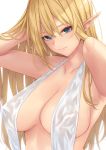  1girl anza_tomo bangs blonde_hair blue_eyes blush breasts cleavage collarbone elf large_breasts long_hair looking_at_viewer original pointy_ears smile 