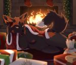  2020 amber_eyes anthro bedroom_eyes black_body black_fur bottomless breasts canid canine christmas clothed clothing cross_fox crotch_tuft female fireplace fox front_view fur genitals hand_on_leg hand_on_thigh hi_res holidays looking_at_viewer lying mammal mo_(servalex) narrowed_eyes nipples on_side pussy red_fox seductive servalex solo tuft 