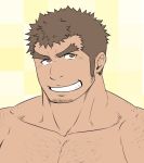  1boy bara brown_eyes brown_hair chest_hair collarbone face facial_hair forked_eyebrows kengo_(tokyo_houkago_summoners) male_focus muscular muscular_male nude pectorals porkjinta portrait short_hair sideburns simple_background smile solo stubble thick_eyebrows tokyo_houkago_summoners 