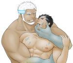  2boys abs aegir_(tokyo_houkago_summoners) alternate_eye_color alternate_hair_color anchor_earrings aqua_hair bara beard black_hair blue_eyes completely_nude dark_skin dark_skinned_male earrings eye_contact facial_hair finger_to_mouth fingernails fins hug jewelry looking_at_another male_focus master_3_(tokyo_houkago_summoners) multicolored_hair multiple_boys muscular muscular_male nipples nude pectorals porkjinta sexually_suggestive sharp_fingernails short_hair single_earring smirk streaked_hair tokyo_houkago_summoners upper_body white_background white_hair yaoi 