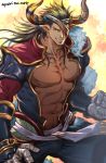  1boy abs ayukisa bandages bara bare_pecs black_hair blue_pants bulge clenched_hand collarbone cow_horns cowboy_shot dark_skin dark_skinned_male draph earrings eyepatch granblue_fantasy highres horns jewelry long_hair looking_at_viewer male_focus muscular muscular_male navel nipples pants pectorals pointy_ears reinhardtzar revealing_clothes smile solo stomach thick_thighs thighs 