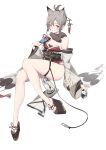  1girl absurdres animal_ears azur_lane bare_legs bare_shoulders body_writing breasts cleavage closed_mouth earrings full_body grey_hair hair_bun hair_ornament hair_stick hair_up highres japanese_clothes jewelry kimono looking_at_viewer luozhou_pile medium_breasts obi off-shoulder_kimono official_alternate_costume orange_eyes platform_footwear ribbon sandals sash short_kimono sidelocks simple_background sitting solo suzutsuki_(azur_lane) tassel thigh_ribbon white_background wide_sleeves 