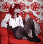  2018 5_fingers anthro breasts clothed clothing curled_hair deerstail digital_media_(artwork) female fingers green_eyes hair red_hair sitting smile solo toes tongue 
