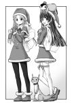  2girls animal_on_head antlers bird blunt_ends capelet christmas closed_mouth collared_dress commentary_request dress fake_antlers fur-trimmed_capelet fur-trimmed_footwear fur_trim garters gloves greyscale hat heel_up highres holding holding_sack kusano_kouichi light_smile long_hair long_sleeves looking_at_viewer monochrome multiple_girls neck_ribbon on_head open_mouth original outside_border over_shoulder pantyhose penguin reindeer_antlers ribbon sack santa_costume santa_dress santa_gloves santa_hat shoes short_dress smile standing straight_hair thighhighs weasel 
