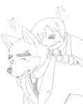  2015 anthro canid canine canis carrying clothing domestic_dog duo humanoid_hands japanese_text kemono kotori male mammal necktie shirt simple_background sketch text topwear white_background 