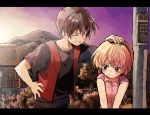  1boy 1girl black_headband black_shirt blonde_hair brown_hair closed_eyes closed_mouth dusk eyebrows_behind_hair headband higurashi_no_naku_koro_ni houjou_satoko maebara_keiichi nuancho open_clothes open_vest outdoors petting pink_shirt red_eyes red_vest shirt short_hair short_sleeves smile vest 