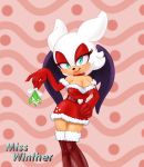  &lt;3 anthro armwear bedroom_eyes breasts christmas cleavage clothed clothing dress elbow_gloves english_text female gloves hand_on_hip handwear hi_res holidays legwear looking_at_viewer misswinther mistletoe narrowed_eyes plant rouge_the_bat seductive solo sonic_the_hedgehog_(series) stockings text wings 