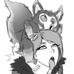  ahegao capcom derp_eyes duo female feral fur_trim_(clothing) greyscale gurochanop hand_on_head human larger_female looking_pleasured looking_up male male/female mammal monochrome monster_hunter pogchamp size_difference smaller_male video_games 