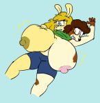  anthro big_breasts bird_dog breasts canid canine canis clothing conjoined domestic_dog duo female hair hi_res huge_breasts hunting_dog lagomorph leporid mammal rabbit skewedl0gic spaniel 