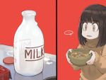  ... 1girl bangs bottle bottle_cap bowl brown_hair cereal cereal_box disappointed english_text eyebrows_visible_through_hair food highres holding holding_bowl jun_(seojh1029) medium_hair milk_bottle original red_background simple_background solo spilled_milk spoken_ellipsis sweater table turtleneck turtleneck_sweater 