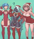  3girls ? abs bell bell_choker big_hair blue_hair breasts brown_hair character_request china_dress chinese_clothes choker christmas cleavage commentary copyright_request dark_skin dark_skinned_female dress english_commentary fur-trimmed_dress fur-trimmed_gloves fur-trimmed_headwear fur_trim glasses gloves grey_hair hat highleg highleg_panties highres holding holding_sack jingle_bell large_breasts long_hair looking_at_viewer medium_breasts multiple_girls nonneim panties red-framed_eyewear red_choker red_dress red_gloves red_headwear red_legwear red_sports_bra ribbon_choker sack santa_costume santa_dress santa_gloves santa_hat semi-rimless_eyewear short_dress short_hair side-tie_panties sports_bra thick_thighs thighhighs thighs toned under-rim_eyewear underwear v very_dark_skin very_long_hair 