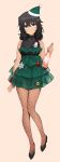  1girl alternate_costume andou_(girls_und_panzer) bangs beige_background black_eyes black_footwear black_hair black_shirt bottle champagne_bottle christmas christmas_ornaments dark_skin fishnet_legwear fishnets full_body girls_und_panzer green_background green_headwear hair_ornament hat high-waist_skirt high_heels highres holding holding_bottle layered_skirt looking_at_viewer medium_hair messy_hair miniskirt pantyhose santa_hat shirt simple_background skirt sleeveless sleeveless_shirt snowflake_ornament solo standing star_(symbol) star_hair_ornament tan3charge tilted_headwear 