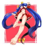  1girl alternate_color ass_visible_through_thighs asymmetrical_wings bare_shoulders barefoot bikini black_collar blue_hair breasts collar dizzy_(guilty_gear) eiji_(eiji) feet from_below guilty_gear large_breasts long_hair long_sleeves looking_at_viewer nail_polish navel open_mouth red_background red_eyes red_nails ribbon smile soles solo swimsuit tail toenail_polish toenails toes underboob wings yellow_ribbon 