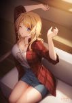  1girl arms_up blonde_hair blue_shorts breasts cleavage copyright_request eyebrows_visible_through_hair genyaky hair_ornament hairclip highres jewelry large_breasts looking_at_viewer necklace one_eye_closed plaid plaid_shirt red_shirt shirt shorts signature sitting solo thighs 