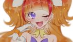  1girl 99chocolove99 amanogawa_kirara bare_shoulders cure_twinkle earrings go!_princess_precure jewelry long_hair magical_girl multicolored_hair one_eye_closed orange_hair precure purple_eyes smile solo star_(symbol) star_earrings two-tone_hair upper_body 