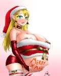  areola big_breasts blonde_hair blue_eyes blush bodily_fluids breasts christmas christmas_clothing christmas_headwear clothing collar elf erect_nipples female genital_fluids hair hat headgear headwear hi_res holding_belly holidays huge_breasts humanoid humanoid_pointy_ears joethestone lactating legwear long_hair looking_at_viewer milk nipples not_furry open_mouth pregnant pussy_juice santa_hat thigh_highs 