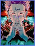  1boy aura bikkusama black_hair evil_smile face facial_mark forehead_mark glowing glowing_eyes hand_gesture highres itadori_yuuji jujutsu_kaisen looking_at_viewer male_focus multicolored_hair pink_hair red_eyes ryoumen_sukuna_(jujutsu_kaisen) short_hair smile solo two-tone_hair undercut upper_body 