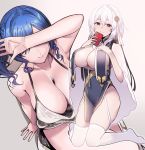  2girls arm_support armpits azur_lane backless_dress backless_outfit bangs bare_shoulders blue_hair braid breast_curtains breasts cellphone cleavage commentary_request covering_eyes dress evening_gown grey_dress halter_dress haruichi holding holding_phone kneeling large_breasts multiple_girls pelvic_curtain phone plunging_neckline revealing_clothes side_braid side_ponytail sidelocks silver_dress sirius_(azur_lane) sirius_(azure_horizons)_(azur_lane) smartphone smile st._louis_(azur_lane) st._louis_(luxurious_wheels)_(azur_lane) thighs white_hair white_legwear 