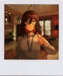  1girl absurdres ahoge black_hair breasts collared_shirt colored_inner_hair english_commentary enma-chan expressionless glasses hair_between_eyes highres hololive hololive_english id_card looking_at_viewer medium_breasts multicolored_hair polaroid red_eyes red_hair shirt solo v vincent_wu white_shirt 