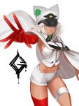  1girl bandaged_arm bandaged_leg bandages breasts cape clover dark_skin dark_skinned_female four-leaf_clover guilty_gear guilty_gear_strive hat looking_at_viewer medium_hair navel outstretched_arm peaked_cap platinum_blonde_hair ramlethal_valentine reaching_out shorts sideboob sleeveless solo tetsu_(kimuchi) thigh_strap white_background white_cape white_shorts yellow_eyes 