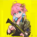  1girl ahoge bell blue_eyes cosplay cropped_torso cyberpunk_2077 gun hair_behind_ear hair_bell hair_between_eyes hair_ornament highres holding holding_gun holding_weapon hololive jacket jackie_welles jackie_welles_(cosplay) pink_hair rifle sakura_miko side_ponytail sirafuji_masiro solo undercut virtual_youtuber weapon yellow_background 