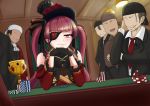  1girl 4boys absurdres bandana breasts cleavage drill_hair eyepatch faceless faceless_male gloves goblet gothic_lolita hands_clasped highres hololive houshou_marine huge_filesize lolita_fashion multiple_boys official_alternate_costume own_hands_together poker_chip poker_table ramnik5 red_hair smug twintails virtual_youtuber 