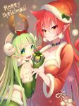  2girls :d azazel_ameri black_choker bow breasts brown_eyes choker cleavage evplpl fake_antlers gift green_eyes green_hair hat highres horns large_breasts long_hair looking_at_viewer mairimashita!_iruma-kun merry_christmas midriff multiple_girls open_mouth pointy_ears pom_pom_(clothes) red_bow red_hair santa_costume santa_hat sharp_teeth simple_background smile snowflakes standing teeth valac_clara very_long_hair 
