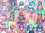  6+girls ass blue_eyes blue_hair blush breasts brown_hair character_request cleavage closed_mouth fingerless_gloves gloves hat highres huge_breasts large_breasts long_hair looking_at_viewer medium_breasts medium_hair multiple_girls open_mouth original short_hair smile tukiwani 