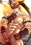  1boy ass_visible_through_thighs ayukisa bar_censor bara brown_hair censored erection fingerless_gloves gloves guilty_gear headband long_hair male_focus muscular muscular_male navel nipples nude pectorals penis ponytail sitting smile sol_badguy solo spiked_hair testicles thick_thighs thighs veins veiny_penis 