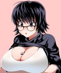  1girl :o bangs black-framed_eyewear black_eyes black_hair black_sweater bra breasts clothes_lift echigoya_takeru glasses hair_between_eyes hetero hunter_x_hunter large_breasts long_sleeves paizuri penis pink_background shizuku_(hunter_x_hunter) short_hair simple_background solo_focus sweater sweater_lift underwear white_bra 