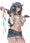  1girl :q animal_ears bandeau belt black_belt black_gloves black_hair blue_eyes blue_shorts blush bow_(bhp) breasts confetti cow_ears cow_horns cowboy_shot dark_skin dark_skinned_female gloves holding holding_toy horns large_breasts long_hair looking_at_viewer navel original partially_fingerless_gloves ponytail short_shorts shorts shrug_(clothing) simple_background smile solo standing strapless tongue tongue_out toy toy_gun tubetop white_background 
