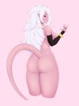  1girl absurdres android_21 ass breasts colored_skin curvy dragon_ball dragon_ball_fighterz earrings fraankyy from_behind gold highres jewelry knees_up large_breasts long_hair looking_at_viewer majin_android_21 nail_polish pink_skin pointy_ears red_eyes sideboob sky smile solo tail tongue tongue_out white_hair wide_hips 