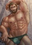  1boy abs arm_up armpits bara beard briefs brown_hair bulge chest_hair chris_redfield cowboy_shot facial_hair green_male_underwear hairy highres male_focus muscular muscular_male navel navel_hair nipples onionworkshop pectorals resident_evil resident_evil_5 reward_available short_hair solo thick_thighs thighs underwear underwear_only undressing 