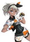  1girl bangs bea_(pokemon) black_bodysuit black_hairband bodysuit bodysuit_under_clothes bow_hairband closed_mouth collared_shirt commentary dynamax_band eyelashes gloves grey_eyes grey_hair gym_leader hair_between_eyes hairband haka_(djawnsgtlr) highres holding holding_poke_ball number poke_ball pokemon pokemon_(game) pokemon_swsh print_shirt print_shorts shirt short_hair short_sleeves shorts side_slit side_slit_shorts single_glove solo tied_shirt ultra_ball 