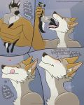  &lt;3 2020 4:5 5_fingers ? aeturnus anthro anthro_pred anthro_prey blush canid canine canis comic coyote digital_media_(artwork) duo english_text eye_contact eyes_closed featureless_crotch fingers flat_colors fur gaping_mouth grey_body grey_fur hi_res holding_character humanoid_hands looking_at_another male mammal meg_megalodon micro micro_in_hand nude open_mouth oral_vore speech_bubble swallowing text thought_bubble url vore 