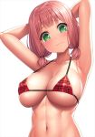  :3 armpits arms_behind_head arms_up bang_dream! bangs bikini blunt_bangs blush breasts closed_mouth collarbone commentary_request covered_nipples eyebrows_visible_through_hair green_eyes head_tilt lambda_(kusowarota) large_breasts looking_at_viewer low_twintails micro_bikini navel plaid plaid_bikini red_bikini short_hair short_twintails simple_background skindentation smile stomach swimsuit twintails uehara_himari underboob upper_body white_background 