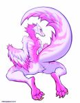  2020 ambiguous_gender anthro butt claws dinosaur falvie feathered_dinosaur feathers fur hi_res looking_at_viewer looking_back looking_back_at_viewer nude pink_body pink_fur rear_view reptile scalie simple_background solo toe_claws white_background white_body white_fur 