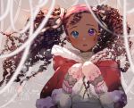  1girl 2020 artist_self-insert blue_eyes blush brown_hair capelet commentary curly_hair dark_skin dark_skinned_female english_commentary forehead fur-trimmed_capelet fur_trim hair_ribbon heterochromia highres long_hair looking_at_viewer merry_christmas mittens nachozarts portrait purple_eyes real_life red_capelet ribbon ringlets solo turtleneck twintails very_dark_skin winter_clothes 