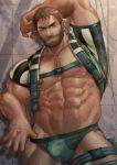  1boy abs arm_up bara bare_pecs beard black_shirt briefs brown_hair bulge chest_hair chest_harness chris_redfield cowboy_shot facial_hair green_male_underwear hairy harness highres lifted_by_self male_focus muscular muscular_male navel navel_hair nipples onionworkshop pectorals resident_evil resident_evil_5 reward_available shirt short_hair solo stomach thick_thighs thighs underwear undressing 