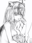  1girl bags_under_eyes biting breasts chibi copyright_request double_bun facial_mark greyscale highres imagining looking_at_viewer medium_breasts medium_hair monochrome nail_biting nanashi_(nlo) nude simple_background solo white_background 