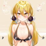  bare_shoulders bikini blonde_hair blush bubble_tea hair_bobbles hair_ornament ihachisu looking_at_viewer low_twintails swimsuit twintails upper_body xiaoyuan_(you_can_eat_the_girl) yellow_eyes you_can_eat_the_girl 