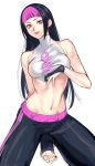  1girl :p bangs black_gloves black_hair black_pants blunt_bangs breasts bridal_gauntlets chinese_clothes dudou gloves groin han_juri highres kneeling long_hair medium_breasts midriff multicolored_hair navel pants pink_eyes pink_hair sketch solo straight_hair street_fighter street_fighter_v tetsu_(kimuchi) toeless_legwear toes tongue tongue_out track_pants two-tone_hair 