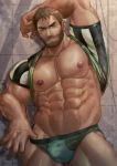  1boy abs arm_up bara bare_pecs beard black_shirt briefs brown_hair bulge chest_hair chris_redfield cowboy_shot facial_hair green_male_underwear hairy highres lifted_by_self male_focus muscular muscular_male navel navel_hair nipples onionworkshop pectorals resident_evil resident_evil_5 reward_available shirt short_hair solo stomach thick_thighs thighs underwear undressing 