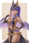  1girl :o animal_ears armlet bangs bare_shoulders black_legwear blunt_bangs blush border breasts bridal_gauntlets brown_background cleavage commentary_request cowboy_shot egyptian_clothes egyptian_mythology eyebrows_visible_through_hair fringe_trim hand_on_hip highres jackal_ears looking_at_viewer medium_breasts midori_miyako navel original outside_border parted_lips purple_eyes purple_hair revealing_clothes sidelocks simple_background solo stomach straight_hair thighhighs thighs white_border 